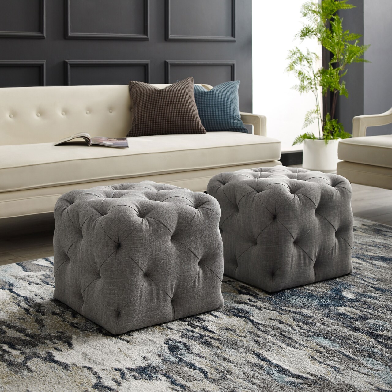 Genevieve Linen/Velvet Tufted Upholstered Cube Storage Ottoman, 1 Piece